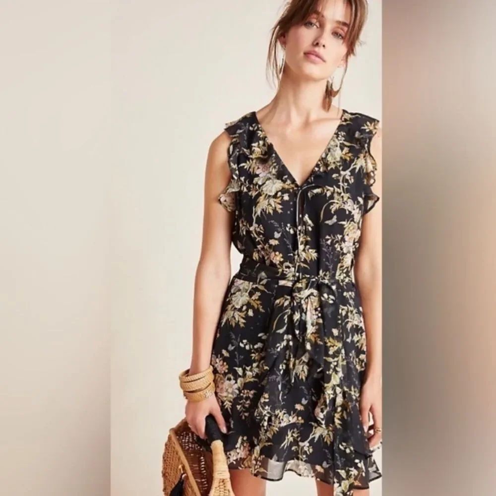 Paige Tia Silk Ruffled Dark Floral Mini Dress